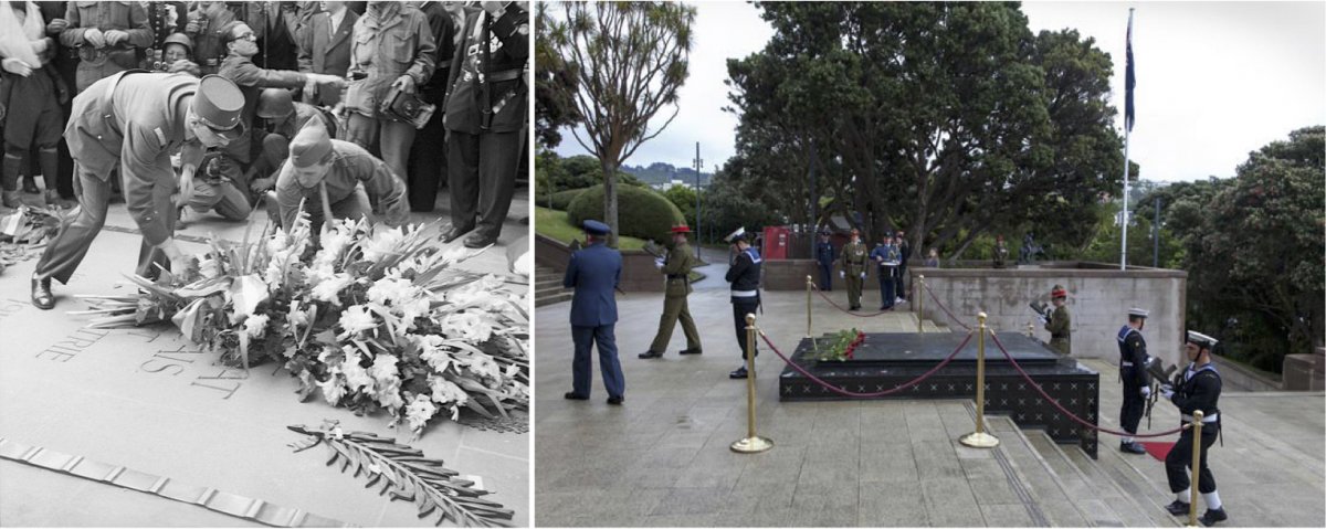 In 1944, General Charles de Gaulle laid a wreath at the Tomb of the Unknown Warrior at the Arc de Triomphe in Paris, France (left). A guard of honor at New Zealand’s Tomb of the Unknown Warrior during Armistice Day in 2012 (right).