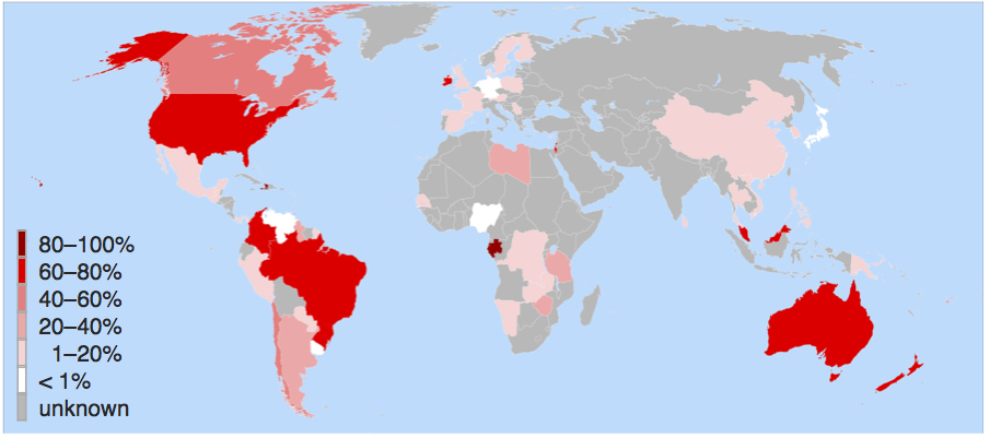 A 2009 map depicting global fluoridated water usage with colors indicating the percentage of the population in each country with fluoridated water from natural and artificial sources