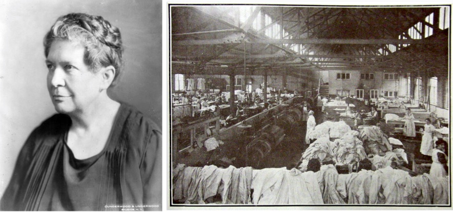 On the left, Florence Kelley. On the right, a commercial laundry.