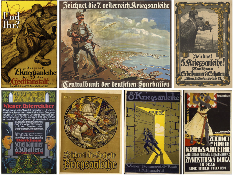 Austro-Hungarian posters from 1916-1918 asking citizens to take out war loans to support the war effort.