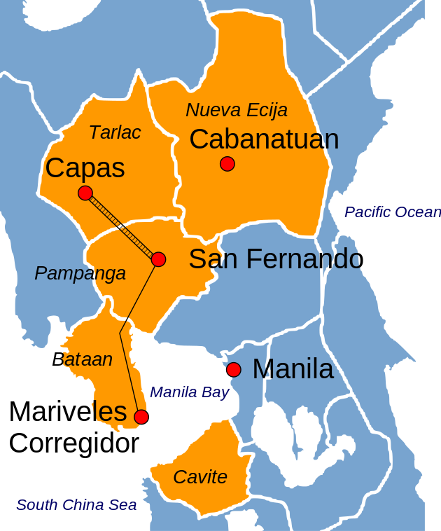 Route of the Bataan Death March.