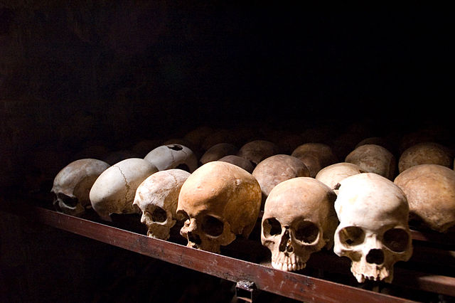 Skulls from genocide victims at a memorial site in Rwanda.