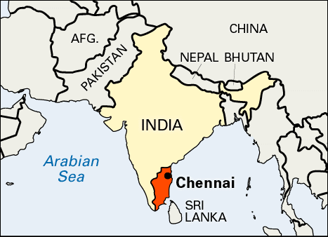 Location of Chennai (Madras) in India.