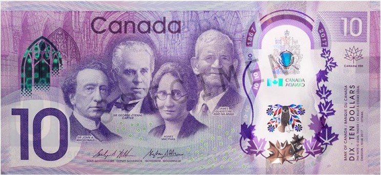 A commemorative bank note featuring Sir John A. Macdonald, Sir George-Étienne Cartier, Agnes Macphail, and Canada’s first indigenous senator James Gladstone