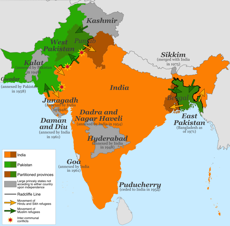 Map of the 1947 partition of India.