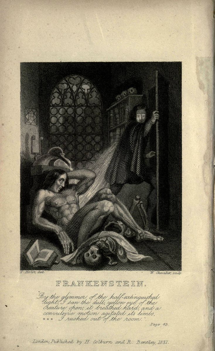 Steel engraving frontispiece to the revised edition of Frankenstein by Mary Shelley, 1831.