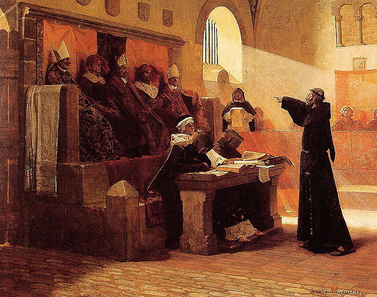 An 1887 painting depicting the 14th-century trial of Bernard Délicieux, a Spiritual Franciscan friar opposed to the Inquisition.