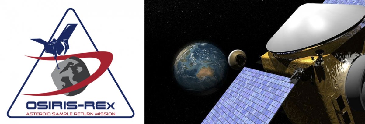 The 2015 mission logo for the OSIRIS-REx mission (left) and concept art for the OSIRIS-REx Capsule returning to Earth (right).