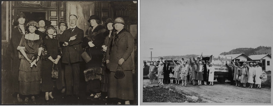 On the left, National Woman’s Party delegates of New York lobbying Governor Al Smith. On the right, envoys of the National Woman’s Party in Rapid City, South Dakota traveling to a meeting with President Calvin Coolidge.