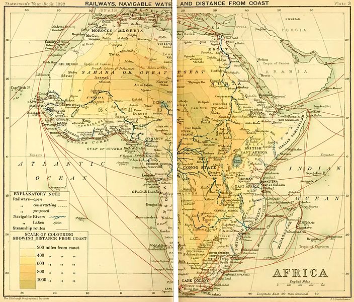 An 1899 map of Africa highlighting its railways, navigable waters, and distances from the coast.
