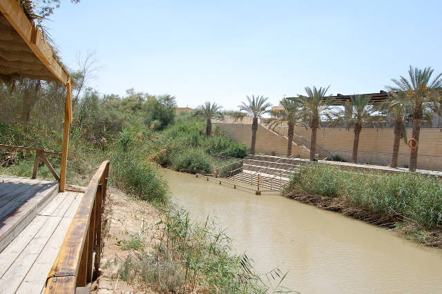 The Lower Jordan River from Al Maghtas/The Baptism Site in Jordan looking at Qasr al Yehud in the West Bank