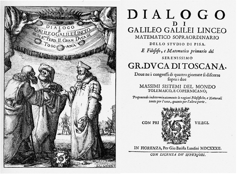 Frontispiece and title page of the Dialogue on the Two Chief World Systems, Ptolemaic and Copernican, 1632.