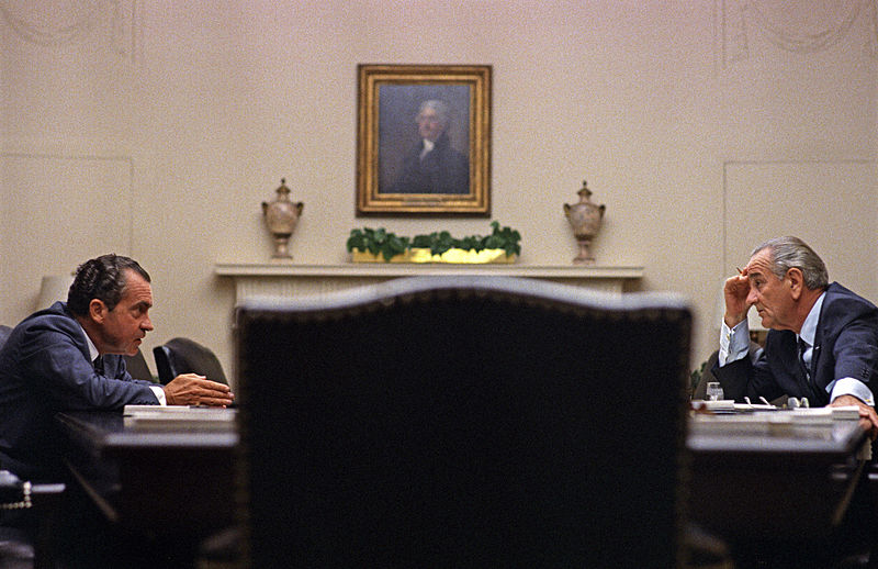 President Lyndon B. Johnson meets with Richard Nixon before his Presidential nomination in July, 1968.