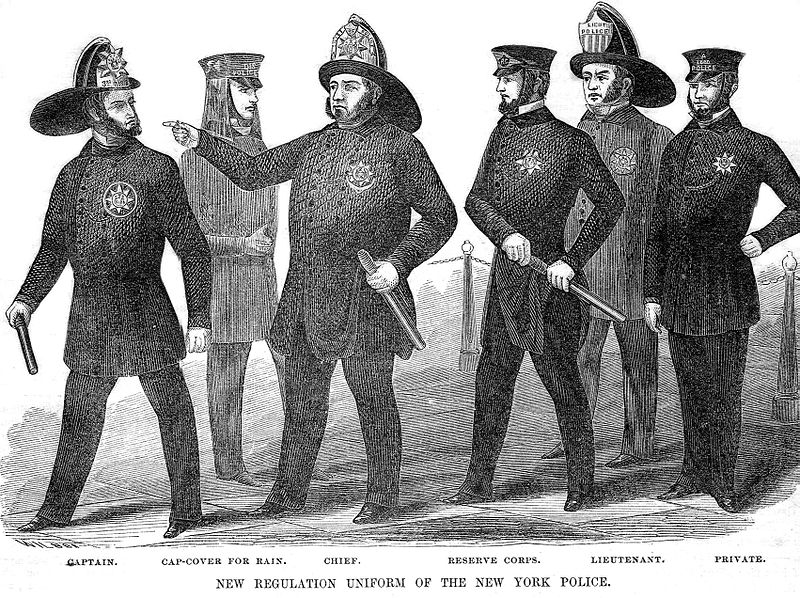 New uniforms for the New York Police, which were designed to instill 'pride of cloth' and to keep corruption and abuse out of the police profession, 1854