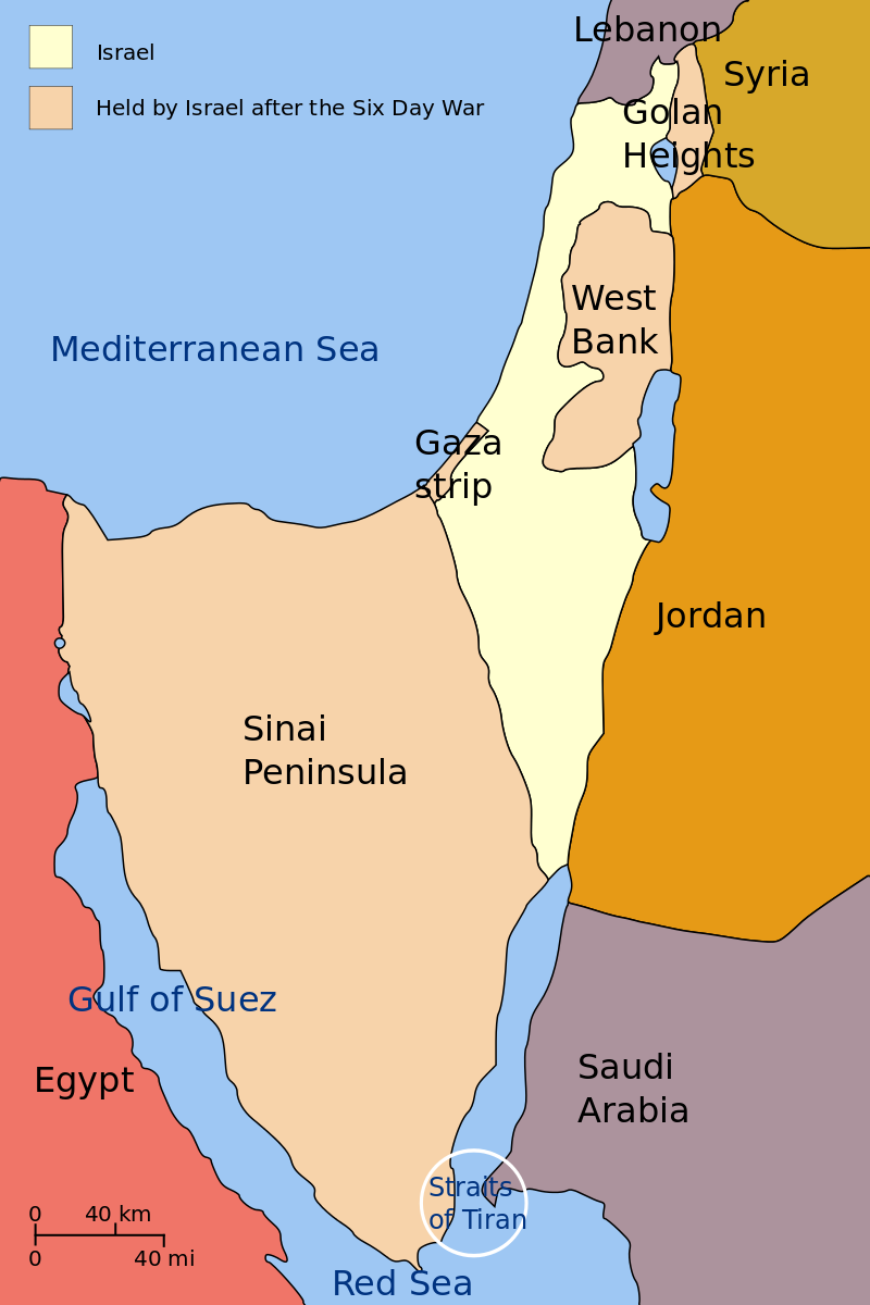 Map of Israeli borders before and after the Six Day War of 1967.