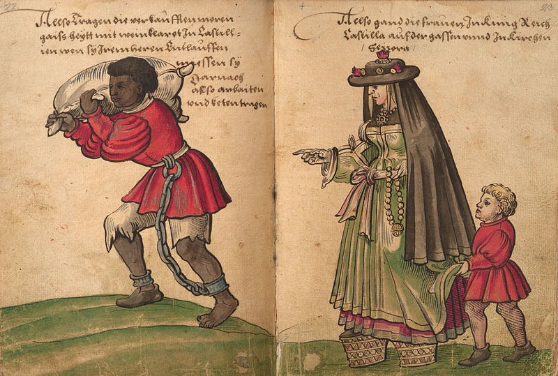 This illustration from Christoph Weiditz's 1529 ethnographic study, Trachtenburg, presents perceptions of slavery and race in the New World