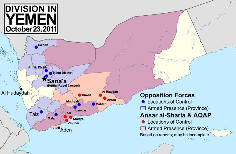 A map of Yemen’s divisions and areas of control in 2011.