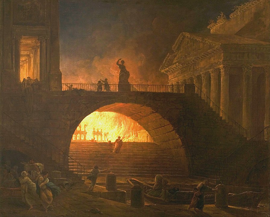 Hubert Robert's 1785 painting 'Fire in Rome,' showing the events of 64 CE.