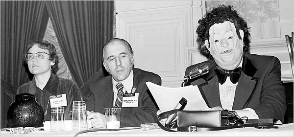 Gay rights activists Barbara Gittings and Frank Kameny and Dr. John E. Fryer, a gay psychiatrist in disguise, at a panel discussion at a 1972 American Psychiatric Association conference the year before the association removed homosexuality as a mental disorder from its diagnostic manual