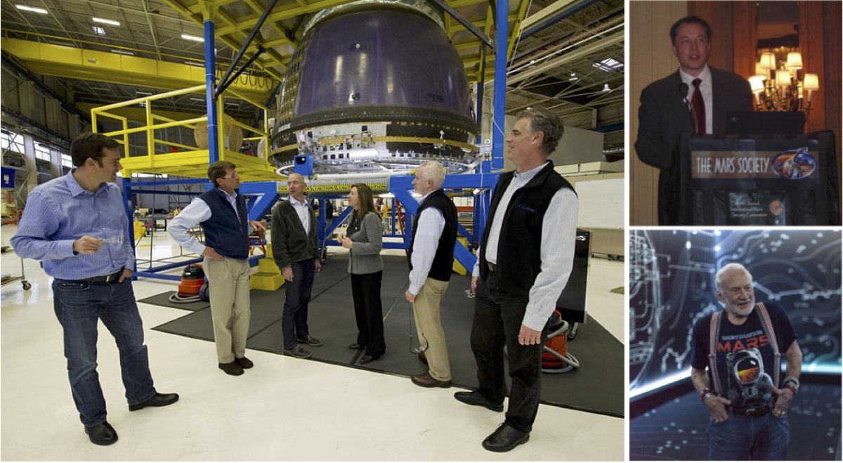 Jeff Bezos and Lori Garver in front of a composite pressure vehicle at the Blue Origin headquarters in 2011 (left), Elon Musk speaking at a Mars Society Conference in 2006 (top), and Apollo 11 Astronaut Buzz Aldrin in 2016 (bottom).