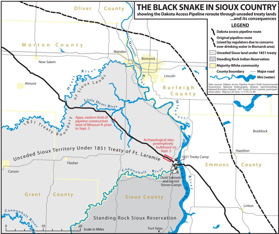 A map of the Dakota Access Pipeline route and the original pipeline route.
