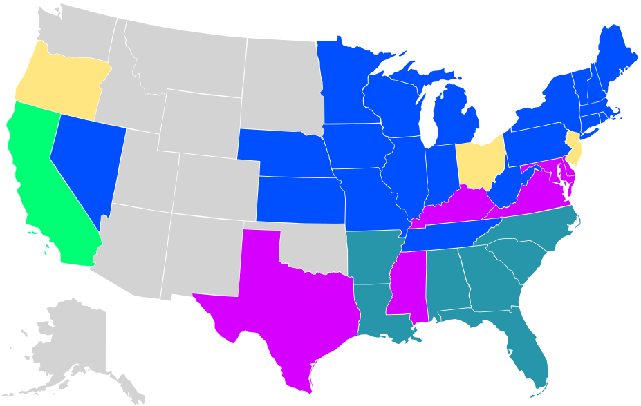 A map showing states that ratified the Fourteenth Amendment, and when.