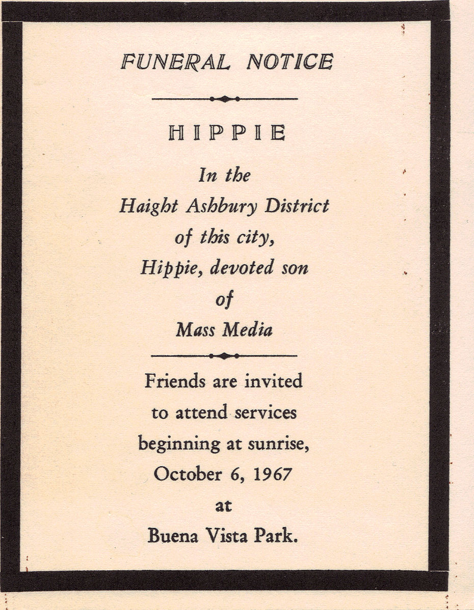 A notice for a mock funeral held for the 'Death of the Hippie' in San Francisco.
