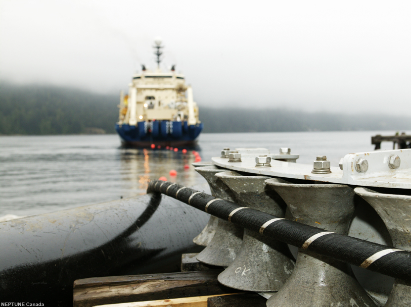 The ship Ile de Sein laying fiber-optic cable off the west coast of Canada.