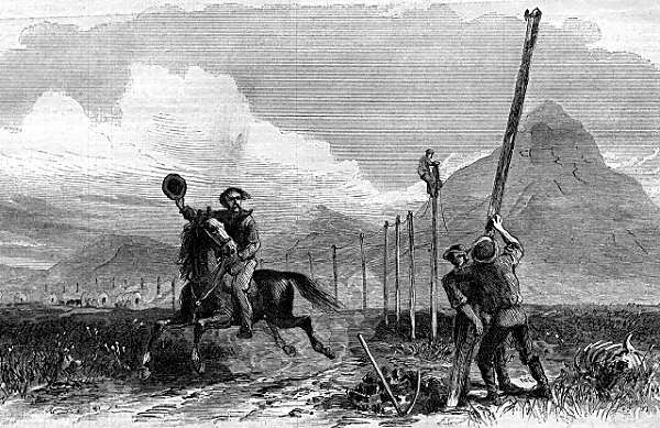Engraving depicting the first transcontinental telegraph.