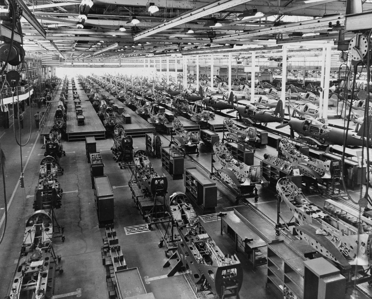 An assembly line near Niagara Falls, NY producing fighter planes for the American war effort.