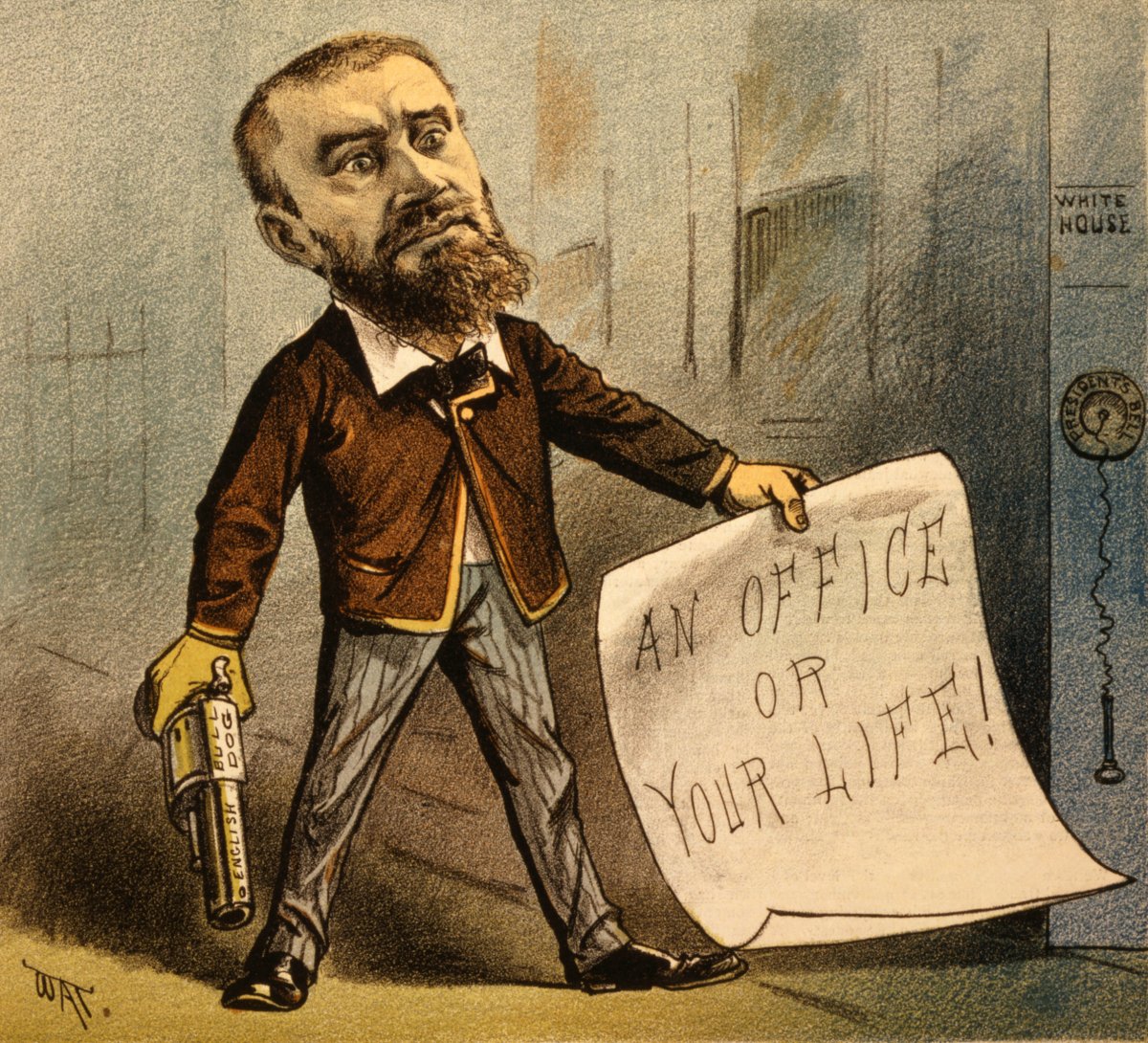 This political cartoon from July 13, 1881 depicts Charles Guiteau with the pistol he used to shoot Garfield and a note.