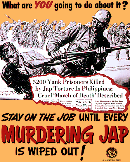 Propaganda poster featuring the Bataan Death march and Japanese mistreatment of U.S. prisoners of war