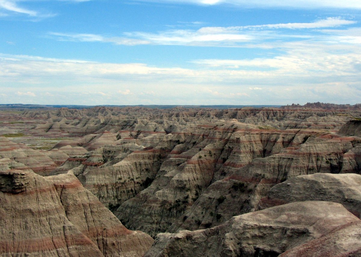 Various sedimentary rock strata are visible in many areas of Badlands National Park.