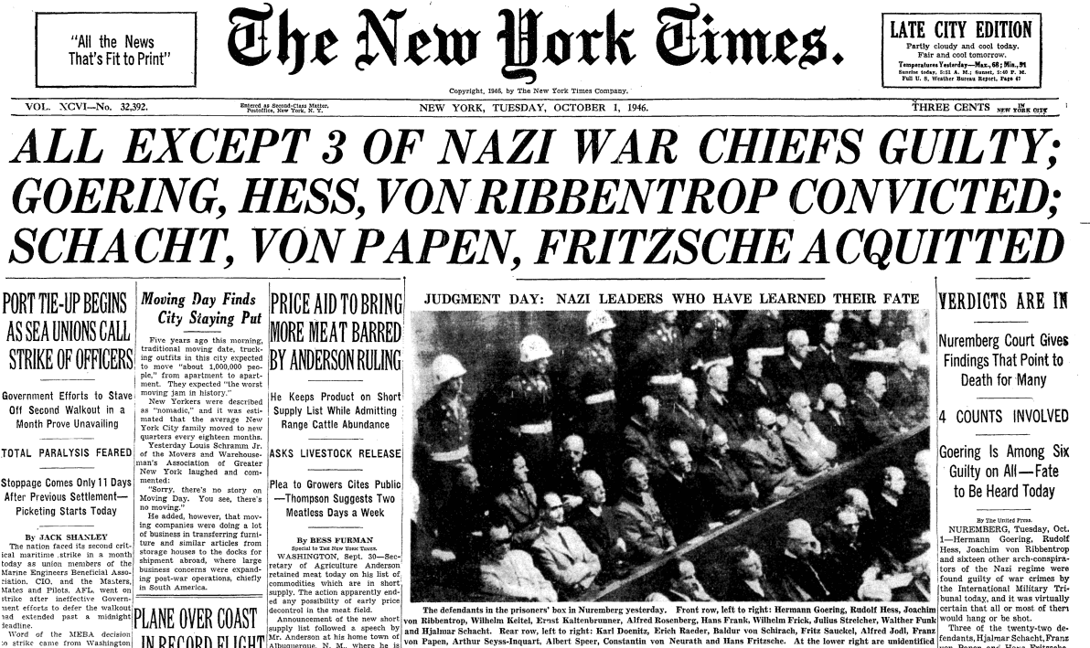 New York Times headline announcing the Nuremberg verdicts.