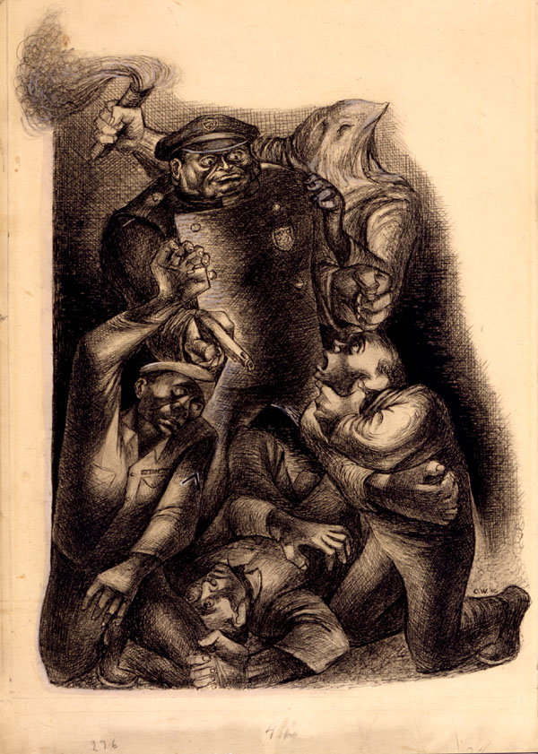 Charles White's 1946 cartoon depicts a sinister collusion between an armed police officer and a Ku Klux Klansman. The drawing underscores racial tensions upon the return of American soldiers after World War II