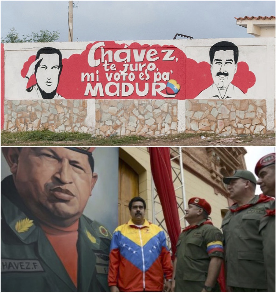 At the top, the sign reads: 'Chávez, I swear, my vote is for Maduro.' On the bottom, Maduro—wearing Chávez’s iconic tracksuit—attended a commemoration for the late president in 2016.