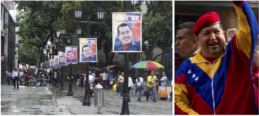 On the left, campaign posters for Hugo Chávez’s reelection in 2012. On the right, President Hugo Chávez in his trademark red beret and Venezuelan flag tracksuit in 2013.