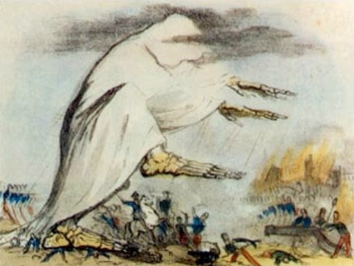 A depiction of cholera spreading through a black cloud of bad air.