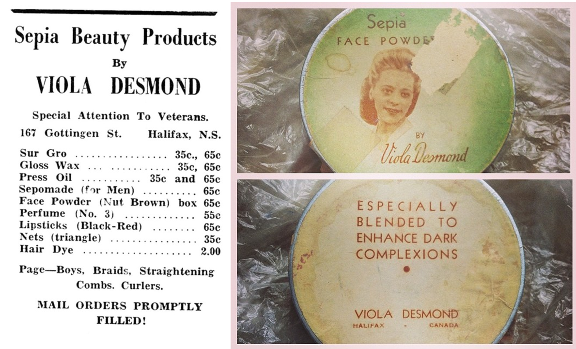 On the left, a newspaper advertisement for Sepia Beauty Products by Viola Desmond. On the right, a tin of sepia face powder sold by Viola Desmond.