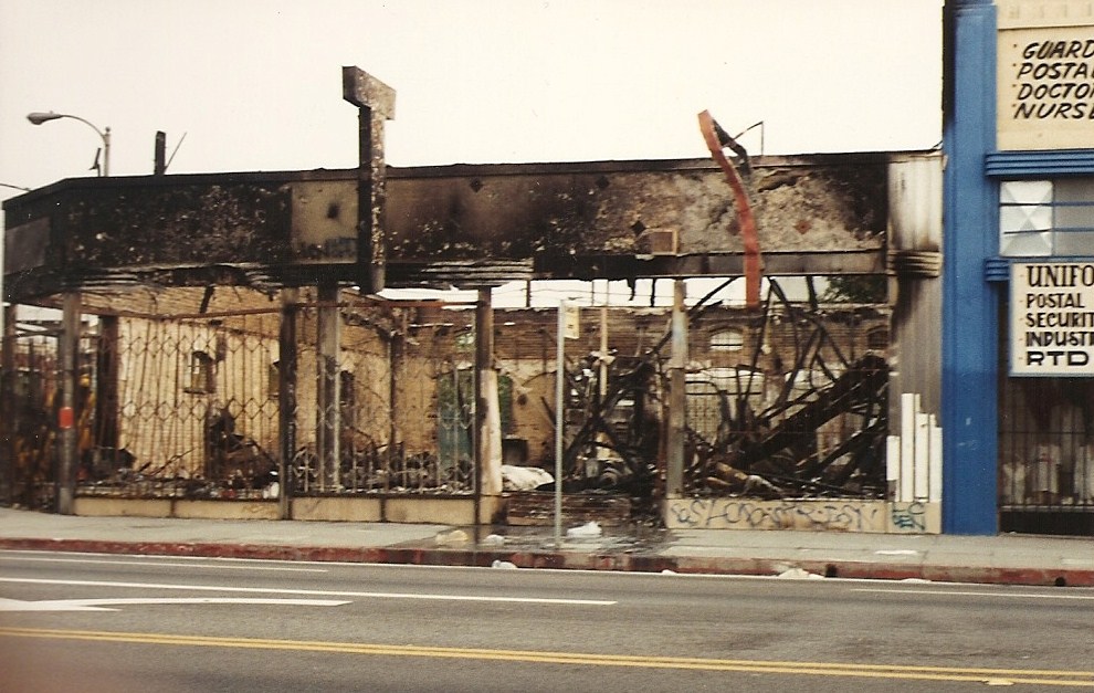 One of around 700 burned shops in the aftermath of the Los Angeles rebellion, 1992.