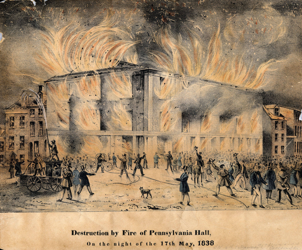 Just days after its grand opening in 1838, a mob burned Pennsylvania Hall—a building constructed as a forum to discuss abolition and other social movements—after rumors spread that an interracial marriage had been performed there