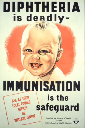 This poster from the United Kingdom, circa 1960, advocates diphtheria immunization.