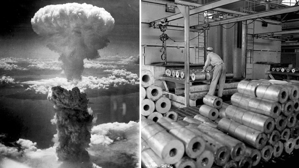 The atomic bomb used on Nagasaki in 1945 and a worker manufacturing aluminum rolls.