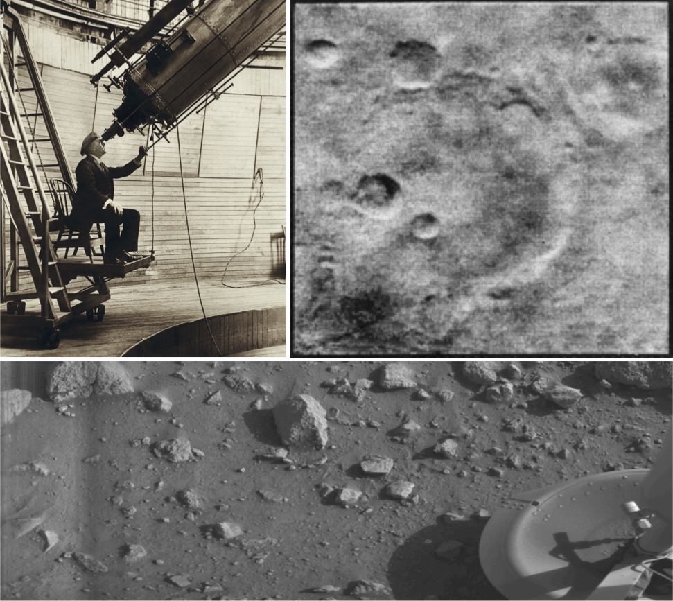 Astronomer Percival Lowell in 1914 (left), a photograph of craters on Mars taken by Mariner 4 in 1965 (right), and the first “clear” image transmitted from the surface of Mars (bottom).