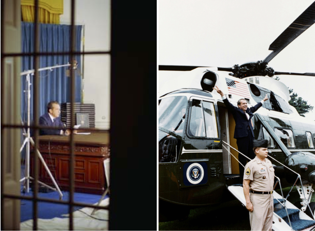 On the left, a view of President Richard Nixon from outside the Oval Office addressing the nation on April 29, 1974. On the right, President Richard Nixon boarding Army One after resigning on August 9, 1974.