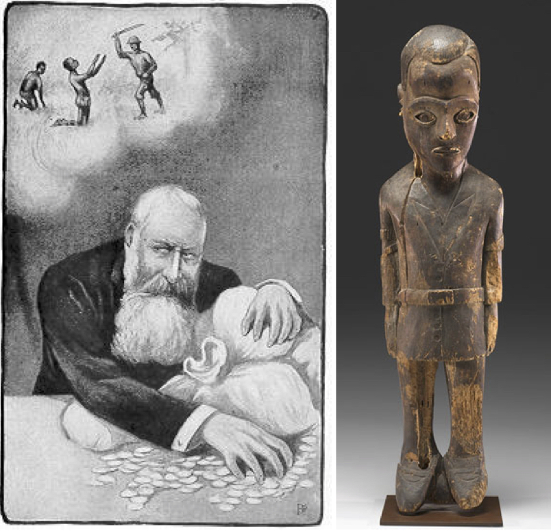 On the left, a 1905 caricature of King Leopold II. On the right, a  statue of a despised Belgian colonial agent, Maximillen Balot.