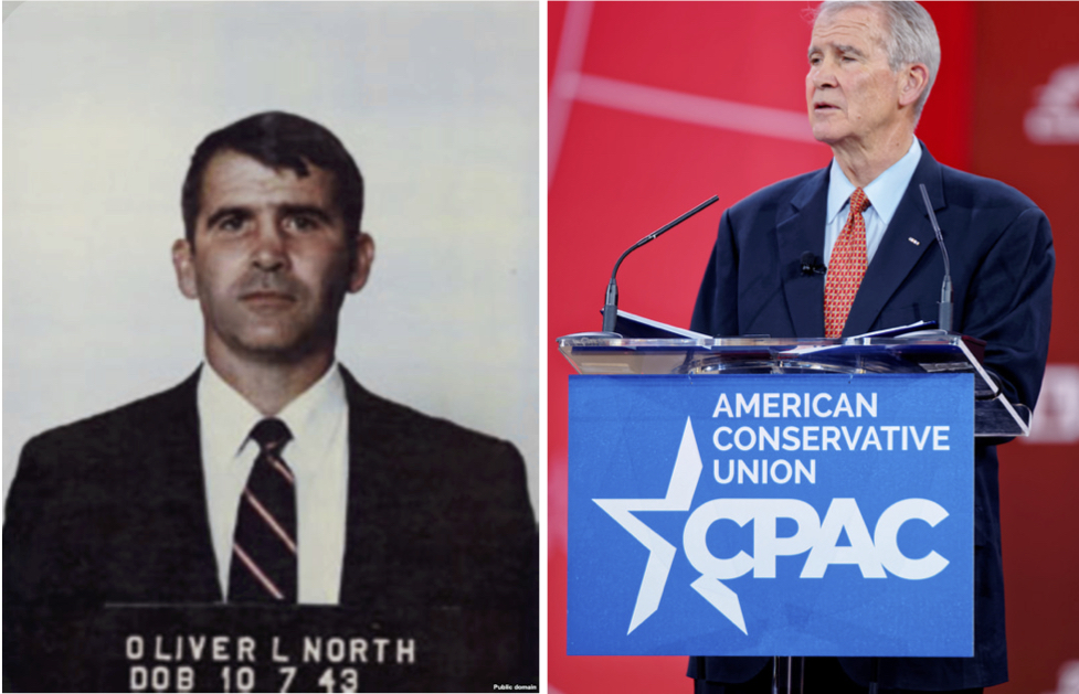 On the left, a mug shot of Oliver North after his 1987 arrest. On the right, north at the Conservative Political Action Conference in 2015.