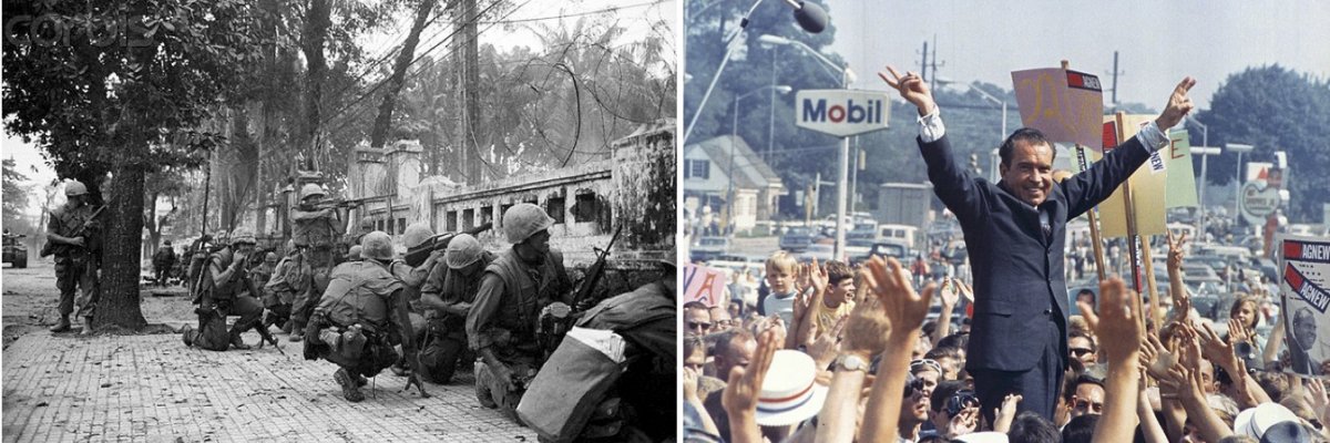 On the left, U.S. Marines in the ancient imperial capital of Vietnam, Huế, during the Tet Offensive. On the right, Richard Nixon giving his 'victory' sign at a 1968 campaign rally in Pennsylvania.
