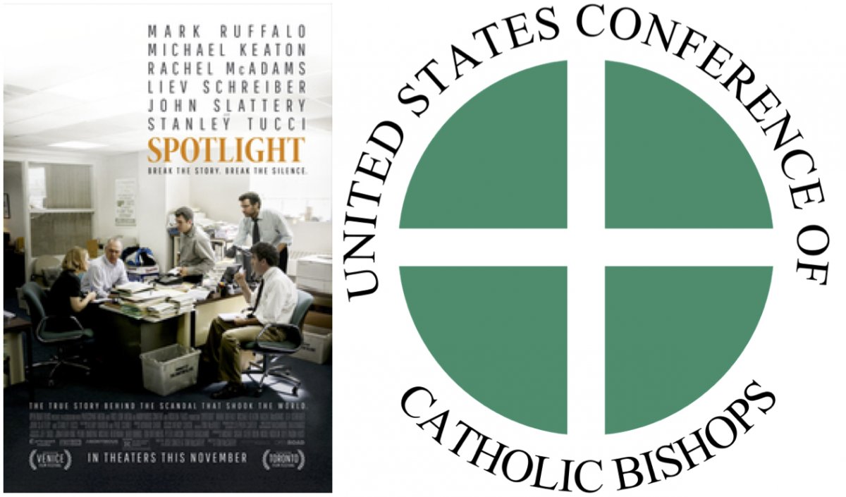 The poster for the 2015 film Spotlight (left). The logo for the United States Conference of Catholic Bishops (right)