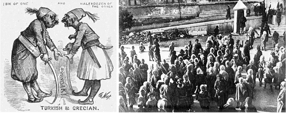 On the left, a political cartoon depicting the dispute between Greeks and Turks over borders and population exchange. On the right, Muslim refugees during the population exchange in 1923.